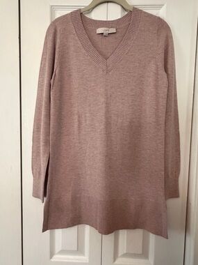 LOFT V-Neck Long Sleeve Tunic Sweater in Dusty Rose